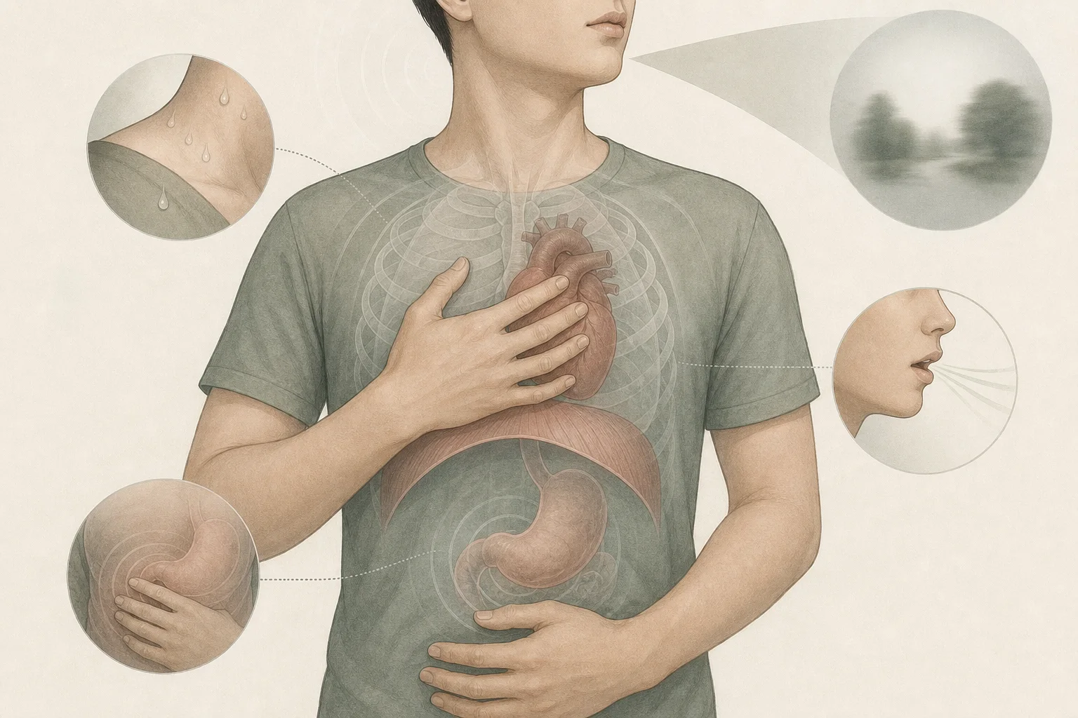 심박, 호흡, 땀, 어지럼, 위장 반응이 공황의 경보와 함께 변하는 모습을 보여주는 메디컬 일러스트
