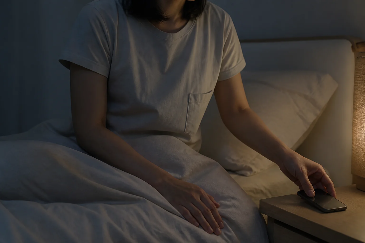 어두운 침실에서 시계를 치우고 침대 가장자리에 앉은 성인의 손과 상반신 일부를 담은 교육용 사진